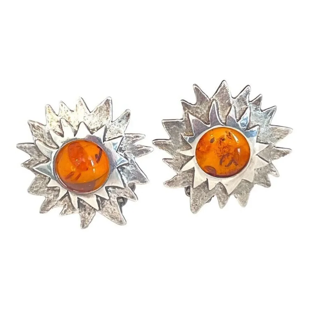 Vintage 1970s Clip Earrings Sterling Silver 925 Natural Amber Sunburst - 1F